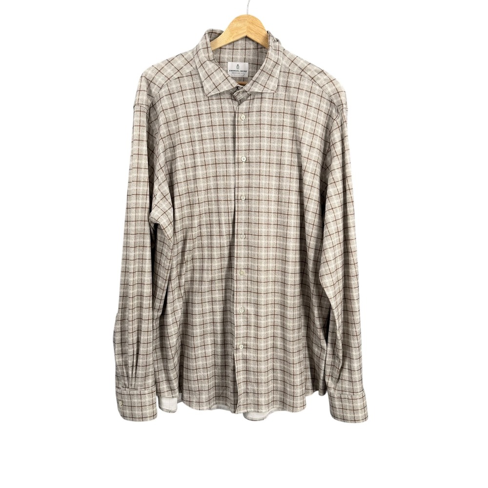 Emanuel Berg Modern‎ Fit Tan Plaid Button Down Shirt Mens XL